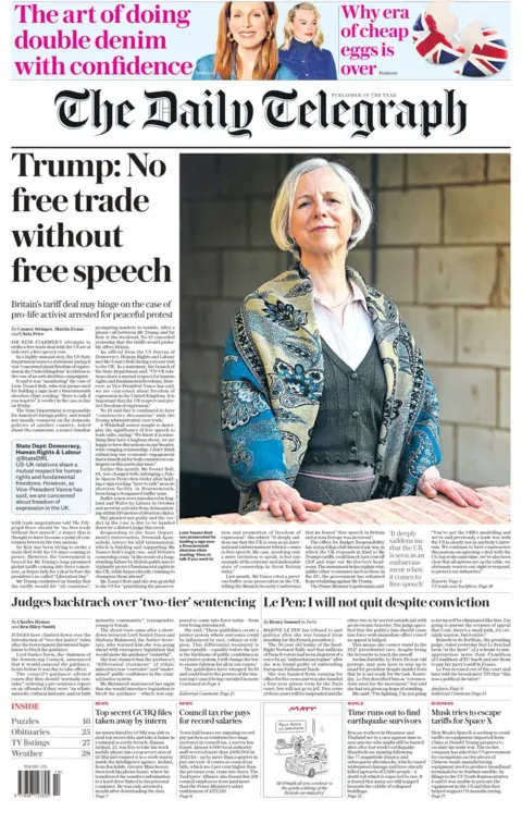 El sitio frontal de Telegraph indica mucho sudor, Alivi Tossici-Bolt, anti-deducción fuera de la clínica. Este título dice: Trump: No hay freecuts no hablan sin derechos. 