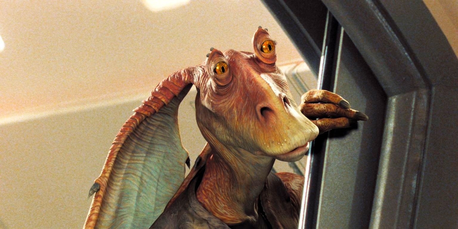 Jar Jar Binks (un gran ADMD) amigos están en la esquina de la esquina de la batalla estrellada.